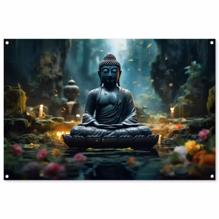 Tuinposter - Boeddha in een mystieke tuin