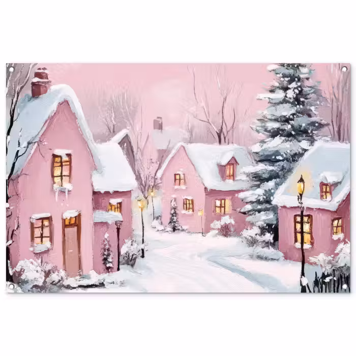Tuinposter - Kerstdorp - Roze - Winter - Sneeuw - Huizen