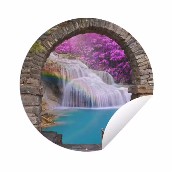 Tuinposter - Bloemen - Regenboog - Waterval - Doorkijk