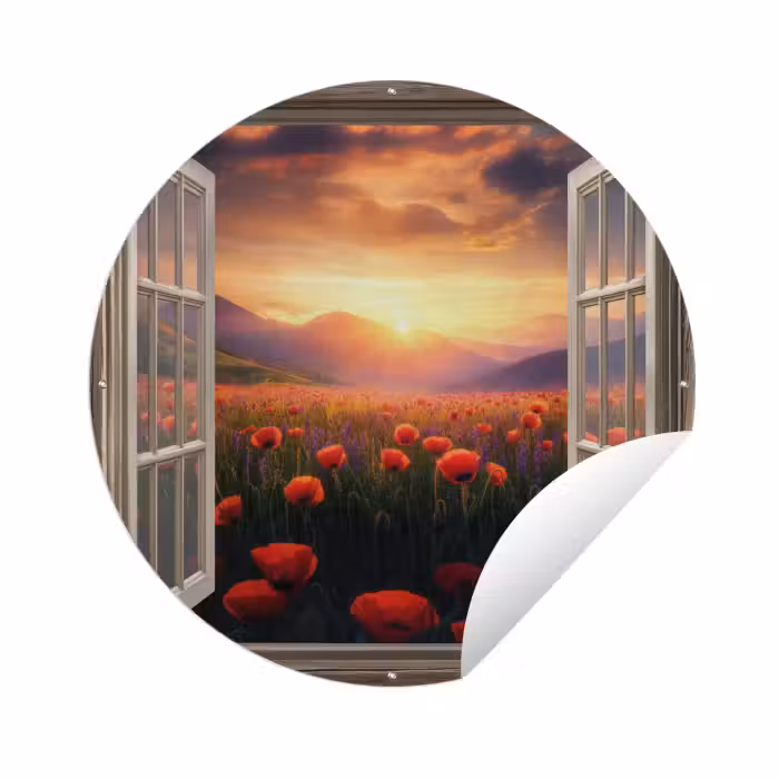 Tuinposter - Doorkijk - Klaprozen - Bloemen - Rood - Open raam