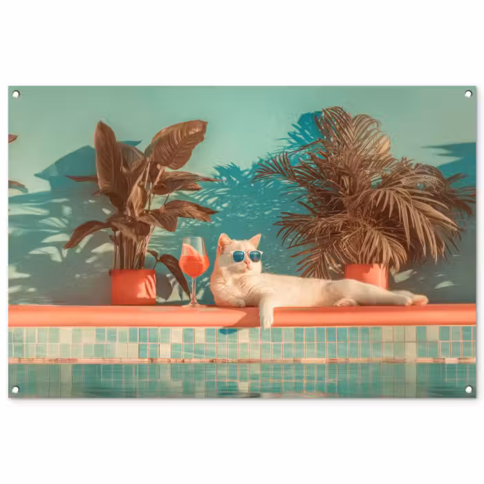Tuinposter - Kat - Zwembad - Zonnebril - Drankje